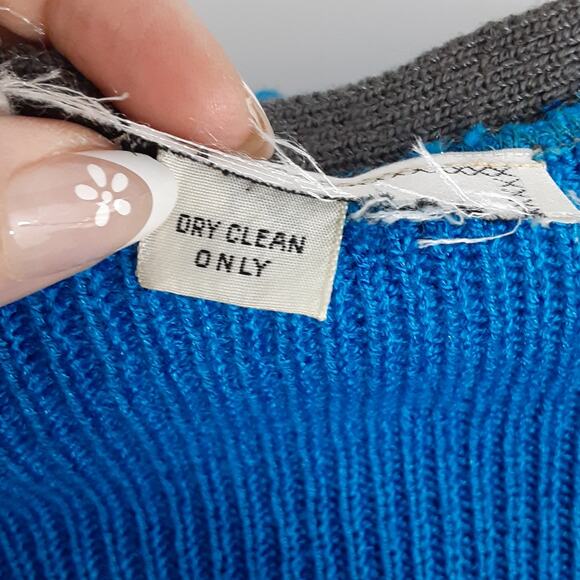 Vintage 80s Button Front Knit Midi Dress Blue Santana Knit V Neck Womens 10 - Picture 7 of 14